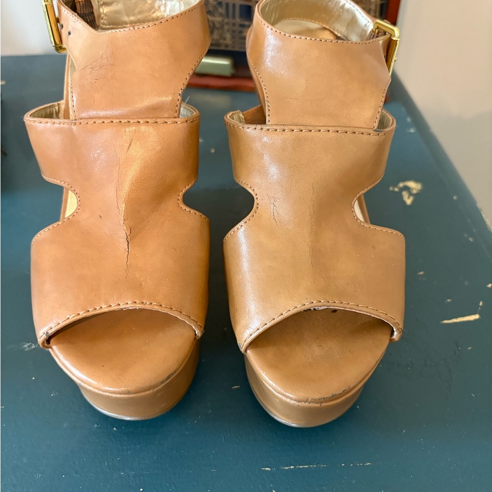 Guess Tan Wedges with Peep-Toe Design